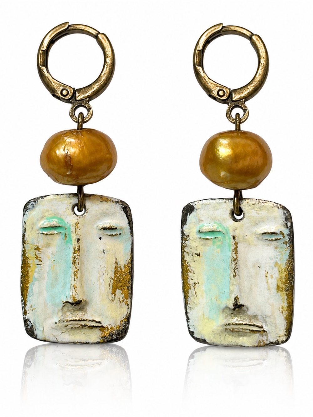 Artisan Face Earrings Freshwater Pearl Bronze Dangles Handmade Statement Jewelry - Picture 7 of 10